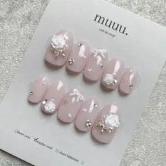 【現品】ネイルチップ/韓国/量産型/ワンホンネイル/ピンク/リボン/薔薇