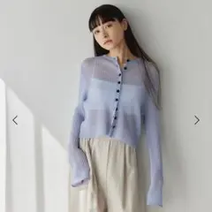 し*ま様 エメルリファインズ リブジャカード シアー カーディガン ライトブルー