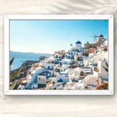 A4 サントリーニ島の白と青が輝く街並み 風景アート インテリアポスター 水彩画