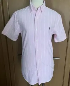 【ラルフローレン】ポロ 馬刺繍 半袖 ボタンダウン ストライプシャツ ピンク