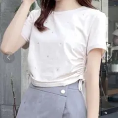 NOMAE ビジュー サイド ギャザー Tシャツ クロップド ホワイト ストーンのサムネイル