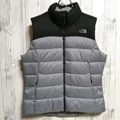 ノースフェイス　ダウンベスト　700フィル　レディースL グレー黒　ロゴ刺繍