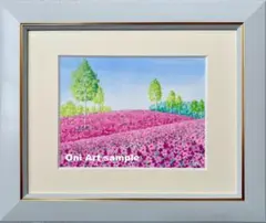 透明水彩画 原画 「藤の花の咲く丘01」額縁付き F0サイズ 風景画