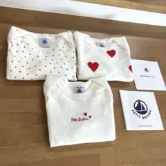 プチバトー　ハートプリント長袖ボディ（12m/74cm）３枚組