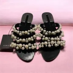 ZARA ザラ フェイクパール ストラップ サンダル ブラック