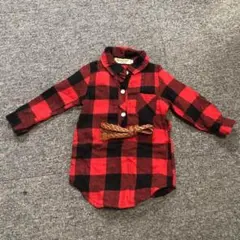 ベルト付き　チェックシャツ　長袖　細身　チュニック　ワンピース　赤　長袖　80