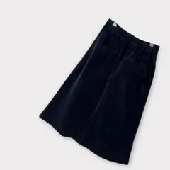ロング　フレア　スカート　コーデュロイ　ネイビー　ポケットあり　ウエストゴム　L