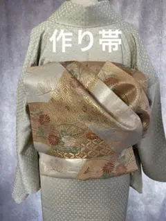 お太鼓飾り結び作り帯　金地に重ね山吉祥華紋　華扇太鼓　ハンドメイド