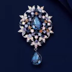 ブルー大粒ストーン フラワーブローチ マルチカラー　新品