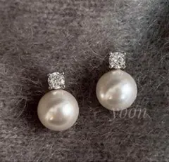 一粒パール×ダイヤイヤリング　シルバー　クリップ　結婚式 真珠　キラキラ