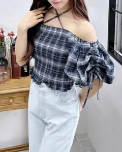 INGNI チェック柄シャーリングブラウス 半袖