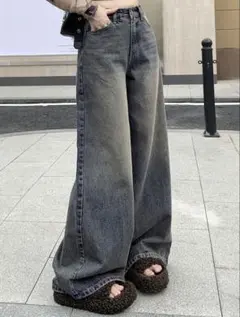 SHEIN ワイドレッグ デニムパンツ ミディアムウォッシュのサムネイル