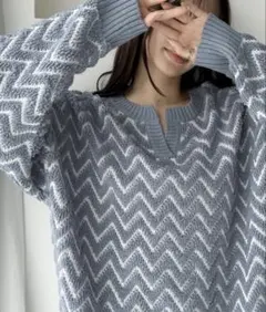 《Javaジャバコラボ》前後2wayヘリンボーン柄キーネックニットほぼ未使用品