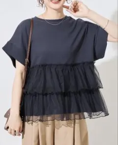 【未使用】フリークスストア　ライトワッフルチュールドッキング半袖Tシャツネイビーのサムネイル