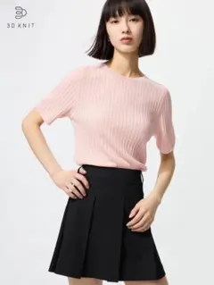 ユニクロ　3Dメリノリブクルーネックセーター　5分袖　ピンク　Sサイズ