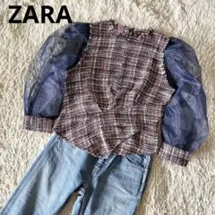 【美品】ZARA ミックスツイード×シアー 異素材切替トップス ブラウス S