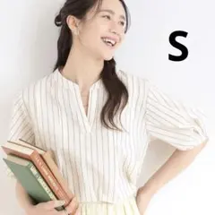 洗濯後しわになりにくい　麻調ペプラムブラウス　ライトベージュ　Sのサムネイル
