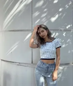 最終値下げ 美品オフショルダー 半袖ニット 水色 ネイビー