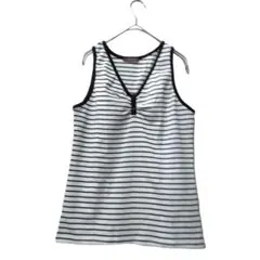 Hello gem Vネックボーダーノースリーブ ギャザー 飾りボタン インナー