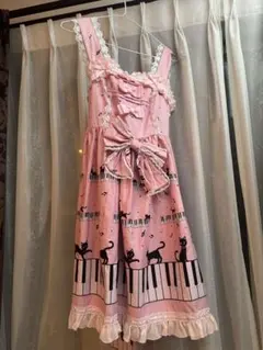 新品タグ付　ねこ　ネコ　猫　ピアノ柄　リボンだらけジャンスカ　ピンク　ロリィタ