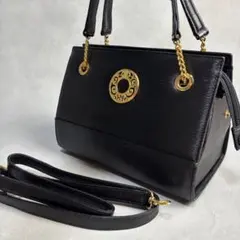 美品✨ハナエモリ ハンドバッグ 2way ゴールド金具 ロゴ レザー ブラック