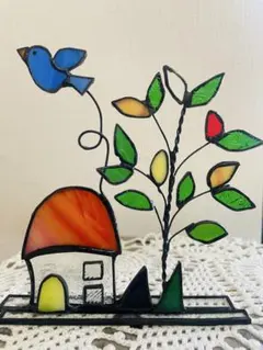 ステンドグラス　一軒家　鳥