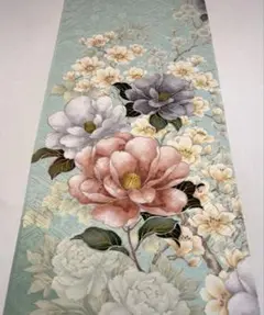 京友禅　はぎれ〈5790〉椿　桜　牡丹　ミントグリーン地模様　着物kimono