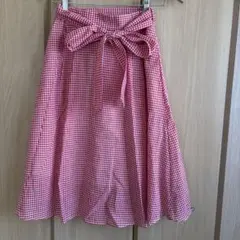 美品 リボン付き赤と白チェックフレアスカート フリーサイズ