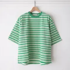 美品✨プリーツプリーズ ボーダーカットソー グリーン×白 メッシュ 3 日本製 美品✨プリーツプリーズ ボーダーカットソー グリーン×白 メッシュ 3