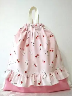 シマエナガ　ナップサック③　体操服袋　お着替え袋　大きめ　フリル　さくらんぼ