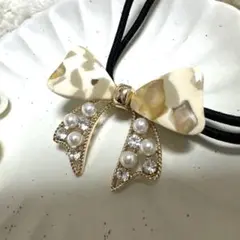 一点物★⭐︎ヘアゴム50Bキラキラストーンとパールリボン合金アセチヘアゴム大理石柄