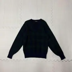 ダークグリーン ネイビー Vネックニット