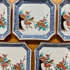 九谷焼　暁堂　蛸唐草　梅鳥　6号皿揃　中皿　角皿　角中皿　辺18.5cm