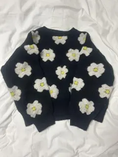 花柄ニットセーター 長袖 黒