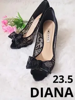 【美品】DIANA ブラック レース オープントゥパンプス