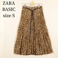 ​ZARA BASIC レオパード柄プリーツスカート S スリット入 リボンのサムネイル