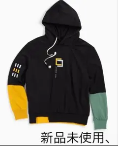 新品 カラーブロックパーカーブラック×イエロー×グリーン Mサイズ個性派デザイン
