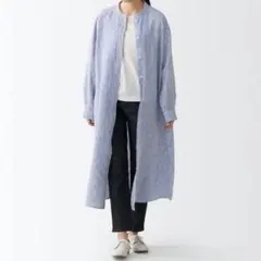 無印良品 フレンチリネン ワンピ 麻100 L ストライプ バンドカラー 青×白