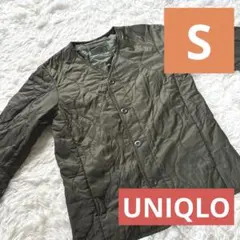 ユニクロ　ノーカラージャケット　コート　ブルゾン　カーキ　ダウン　Sサイズ　中綿