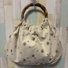 リンググラニーバッグ バンブー 蝶々と花 刺繍 ナチュラル