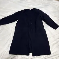 無印ネイビー ボタン付きノーカラーロングコート