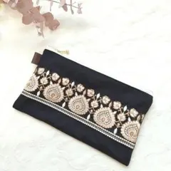 【フラットポーチ】ファスナーポーチ インド刺繍 ハンドメイド （A10）