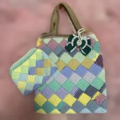 ハンドメイド トートバッグ　ポーチ チャーム　セット　アフガンあみ