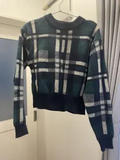チェック柄ニットプルオーバー グリーン系 クロップド丈