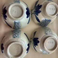 琉球焼　青い花模様の陶器製飯汁碗4個セット