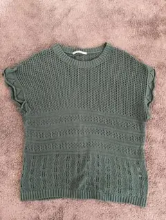 オリーブグリーン レース編みニット 半袖　レディース