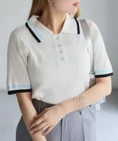 リブ編みホワイトポロシャツ 半袖
