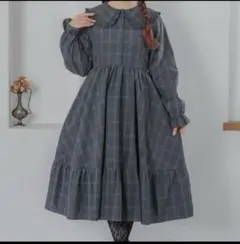 青木美沙子　m♡petitフリル付き襟のグレー系チェックワンピース 4L