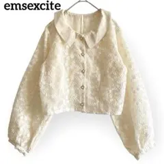 美品◆エムズエキサイト 花柄刺繡シアーシャツ【F】ショート丈 パール ぽわん袖