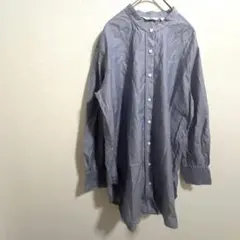 ユニクロ　ストライプ ノーカラー　シャツ ホワイト　ネイビー　長袖　M